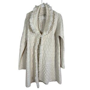 Cocogio Cable Knit Sweater L Cream Fringe Chunky Neutral Boho Western Italy Chic